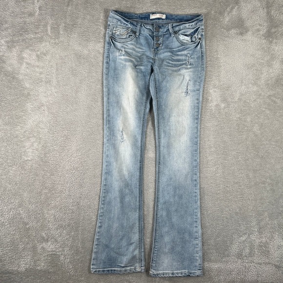Y2K No Boundaries Flare Jeans Womens 7 Light Wash Distressed Bling 2000s - Picture 1 of 13